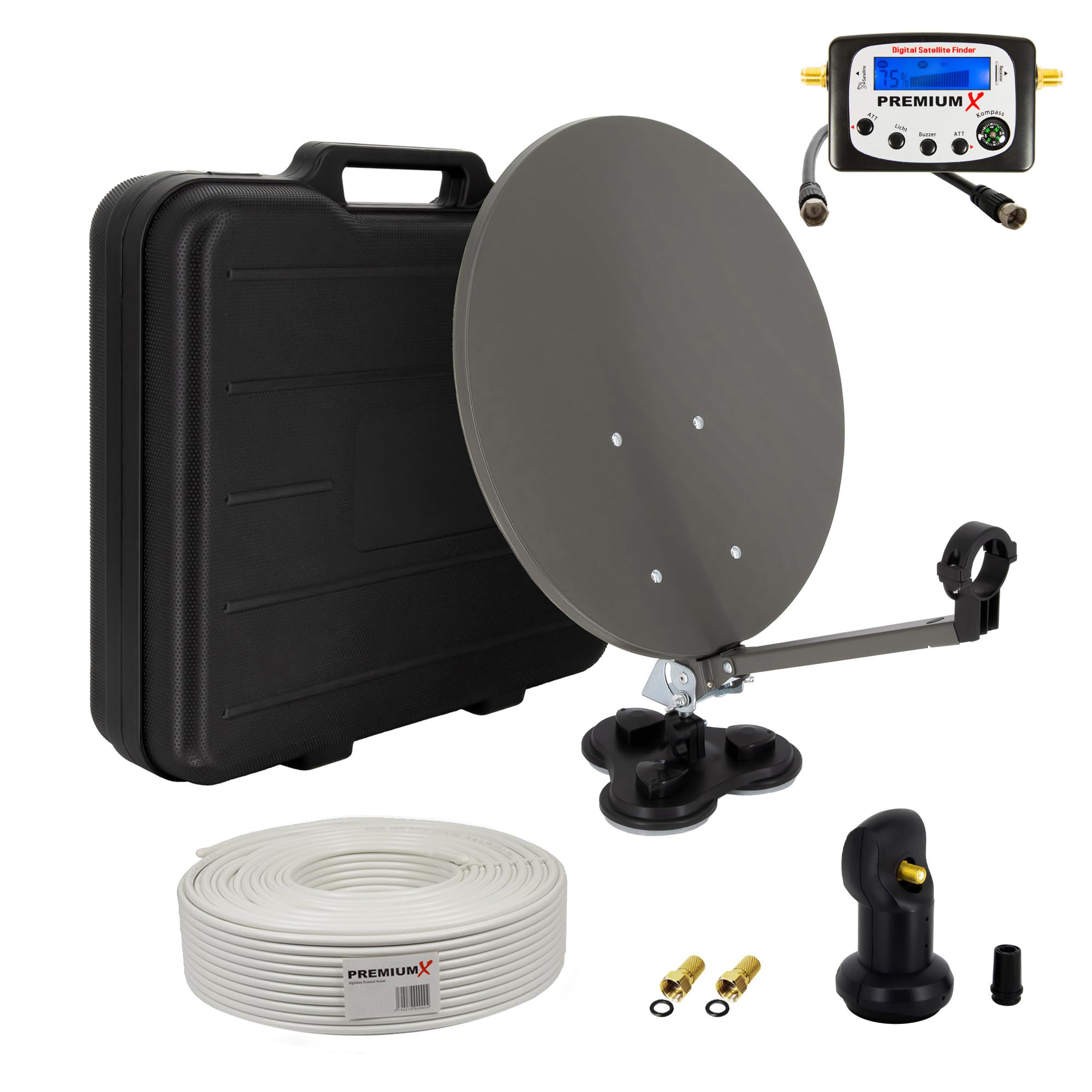 PremiumX Camping SAT Anlage Antenne Satelliten-Finder Single LNB 10m Koaxial Kabel F-Stecker im Koffer ideales Camping-Zubehör