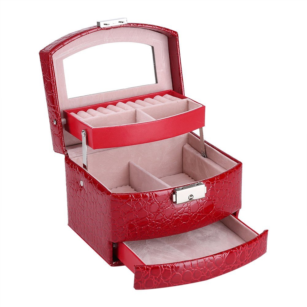 Yosoo 3 Schichten Schmuck Aufbewahrungsbox mit Spiegel und Griff für Halskette Ringe Geschenk Halskette Anhänger Broschen Lagerung(Red)