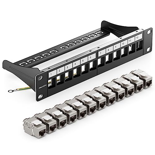 deleyCON 12 Port CAT7 Patchpanel SET Patchfeld Verteilerfeld Modular 1 HE 10" Zoll Rackeinbau + 12x CAT 7 Keystone Module RJ45 LAN Netzwerk 10 Gbit/s 600 MHz Verlegekabel Schwarz