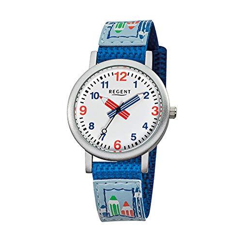 Regent Kinder-Armbanduhr Elegant Analog Textil-Armband blau Quarz-Uhr Ziffernblatt weiß URF731