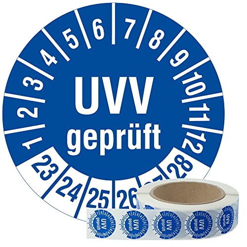 Labelident Mehrjahresprüfplaketten UVV geprüft 2023-2028 - Ø 30 mm - 1000 widerstandsfähige Prüfplaketten auf Rolle, Polyethylen, blau, selbstklebend