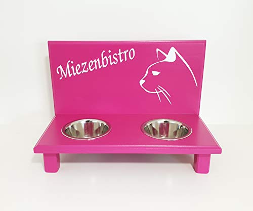 Jennys Tiershop Futterbar. Katzen Napf. Napfhalter für Katzen. Futterbar Katze in pink. 2 x 350 ml Edelstahlnapf (32e)