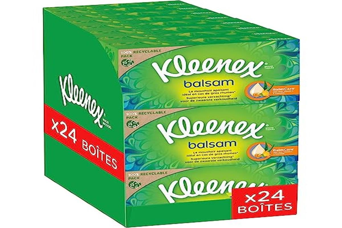 KLEENEX - Taschentücher in Balsam-Box (24 Boxen mit je 64 Taschentüchern) – bietet einen schützenden Balsam, der Ihre Nase beruhigt, ideal bei schweren Erkältungen – hergestellt in Frankreich