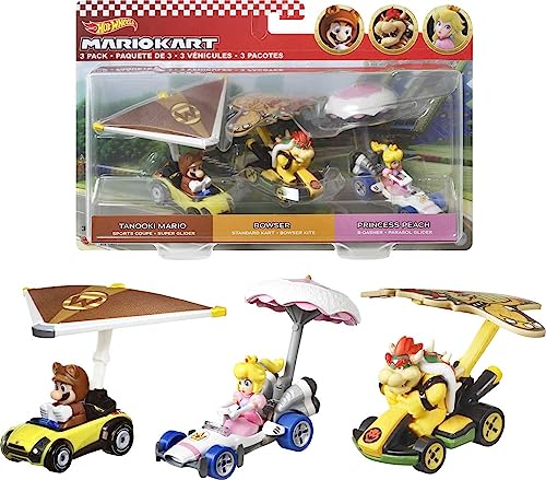 Hot Wheels HDB39 - Super Mario Kart Glider 3er-Pack, 3 Spielzeugautos im Maßstab 1:64, mit drehbaren Rädern und tollen Details, Spielzeug für Kinder ab 3 Jahren