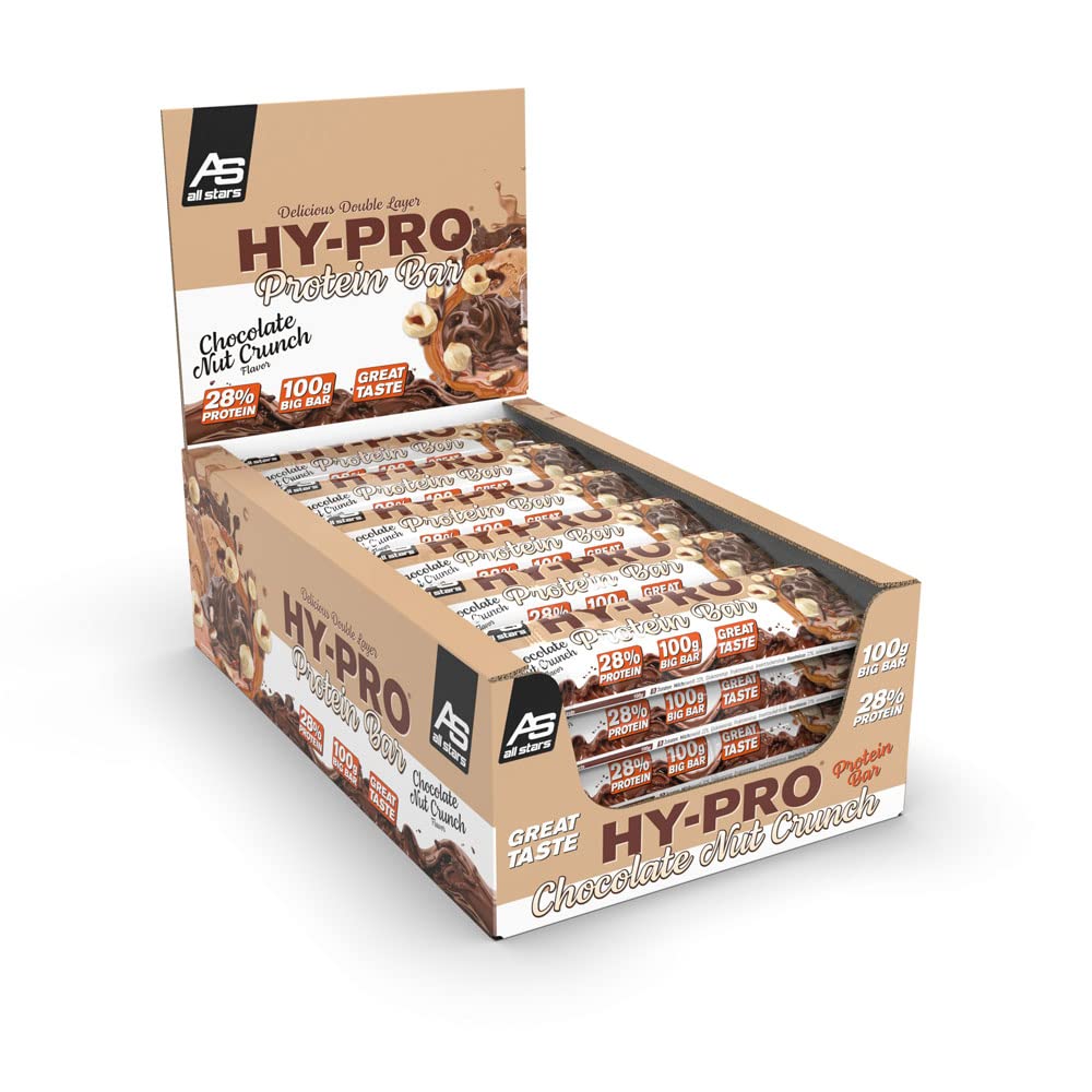 All Stars Hy-Pro BIG BAR Chocolate Nut Crunch I 24x 100g Protein-Riegel inkl. 28g Proteine aus Milcheiweiß & Whey-Protein I große Protein Bars inkl. 43g Kohlenhydrate I sättigende Eiweiß-Riegel