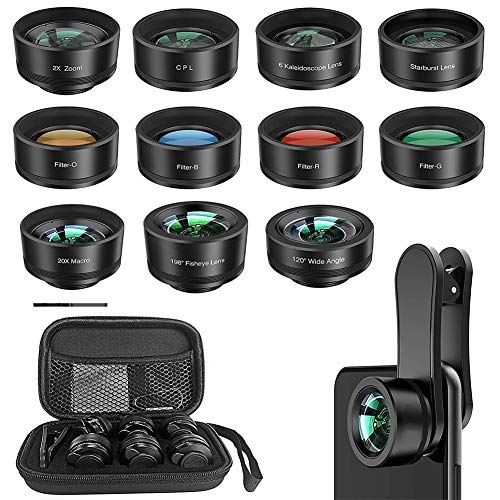 11 in 1 Clip-On Handy Kamera Objektive Kit, Universal Smartphone Linse mit Weitwinkelobjektiv+ Fischaugenobjektiv+Makroobjektiv+Teleobjektiv+CPL+Starburst Lens+Farbige Filters, für ios Andriod