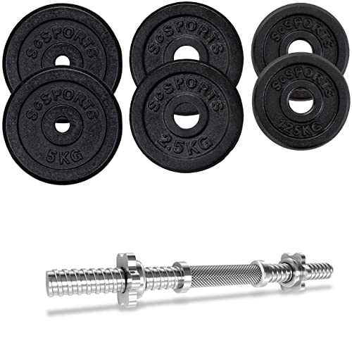 ScSPORTS 20 kg Hantelset inkl. Einer Kurzhantelstange Chrom mit Gewinde, 2 Schraubverschlüsse, Gusseisen Hantelscheiben 2X 5 kg, 2X 2,5 kg, 2X 1,25 kg