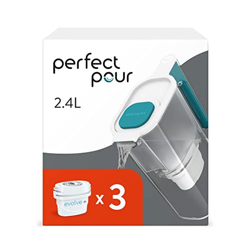 Aqua Optima Perfect Pour Wasserfilterkanne & 3 x 30 Day Evolve+ Filterkartusche, 2,4 Liter Fassungsvermögen, zur Reduzierung von Mikroplastik, Chlor, Kalk und Verunreinigungen, Blau