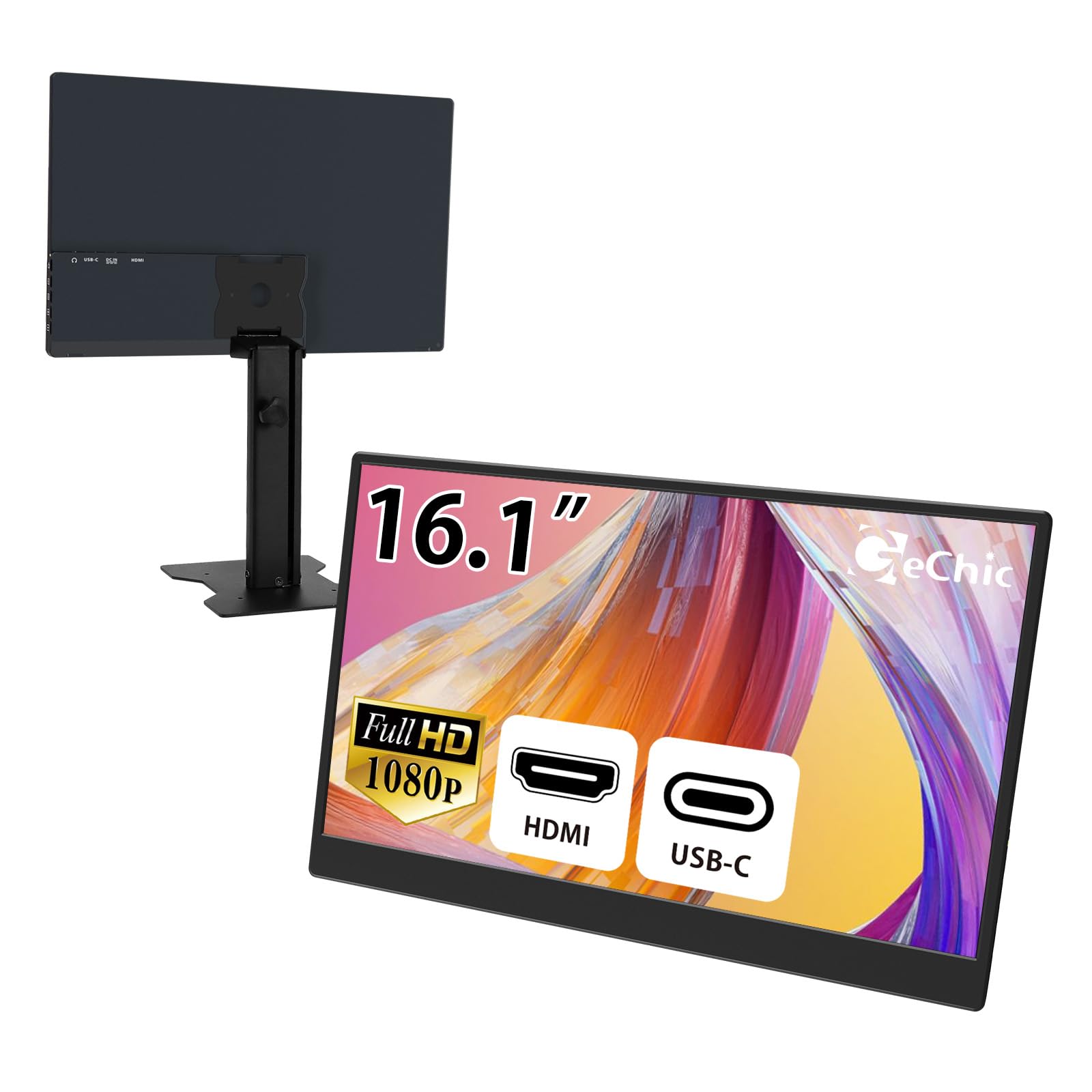 Gechic Tragbarer Monitor 16,1 Zoll M161H Tragbarer FHD Monitor für Laptop mit HDMI/USB-Typ-C-Videoanschlüssen, VESA-Wandhalterung unterstützt Zwei/dreifach/gestapelte Monitore