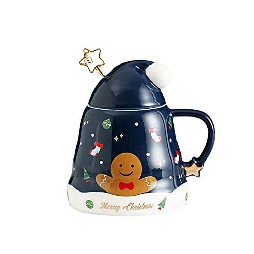 Frdun Weihnachtliche Keramiktasse mit Deckel und Löffel, Weihnachts-Kappenform, glasierte Tasse mit Festival-Cartoon-Motiv, kreatives Geschenk für Kinder und Freunde