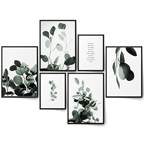 BLCKART Infinity Eukalyptus Pflanzen Poster Bilder Set Stilvolle Beidseitig Bedruckte Eukalyptus Poster Wohnzimmer Deko Pflanzen Bilder (L | 4X A3 | 2X A4 | Holzrahmen (schwarz), Eucalyptus Love)