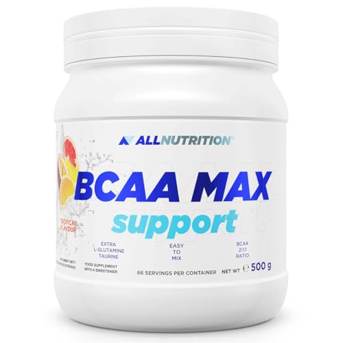 ALLNUTRITION BCAA Max Support Pulver/Kapseln Komplex aus verzweigtkettigen Aminosäuren Glutamin Taurin Leucin Valin Isoleucin Muskelregeneration 500 g Orange