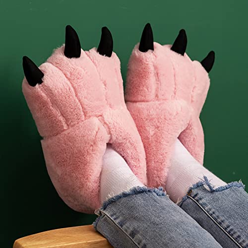 Süße Fuzzy Bärenklaue Hausschuhe,Weihnachten Flauschige Tier Hausschuhe Winter Indoor Warm Flauschige Cartoon Schuhe Lustige Pfote Monster,Pink-XXL