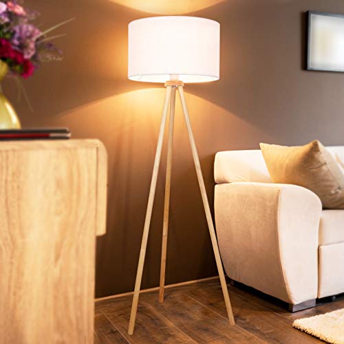 Tripod Stehlampe - EEK A++ bis E, LED, Höhe 145cm, Ø45cm, E27, Stativ aus Holz, Stoffschirm, Skandinavischen Stil - Dreibein Stehleuchte, Wohnzimmerlampe, Standleuchte für Wohnzimmer, Schlafzimmer