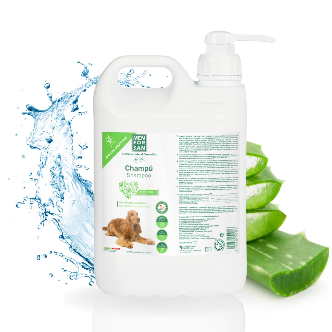 Menforsan Aloe Vera Shampoo für Hunde | Spendet intensiv Feuchtigkeit | Anti-Irritations- und Anti-Ekzem-Wirkung | 100% natürlich | Krautig | 5L