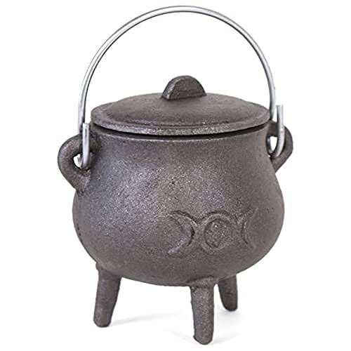 Small Cast Iron Cauldron With Lid and Handle. Triple Moon Design. Approx 11cm Tall- Not Including Handle by THE FLYING WITCH