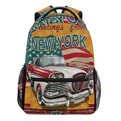 Oarencol American New York Retro Auto USA Rucksack Büchertasche Daypack Reise Schule College Tasche für Damen Herren Mädchen Jungen