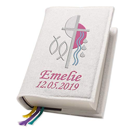 Evangelische Gesangbuchhülle Gesangbuch Kreuz 2 pink Filz mit Namen bestickt mittlere Ausgabe, Farbe:weiß