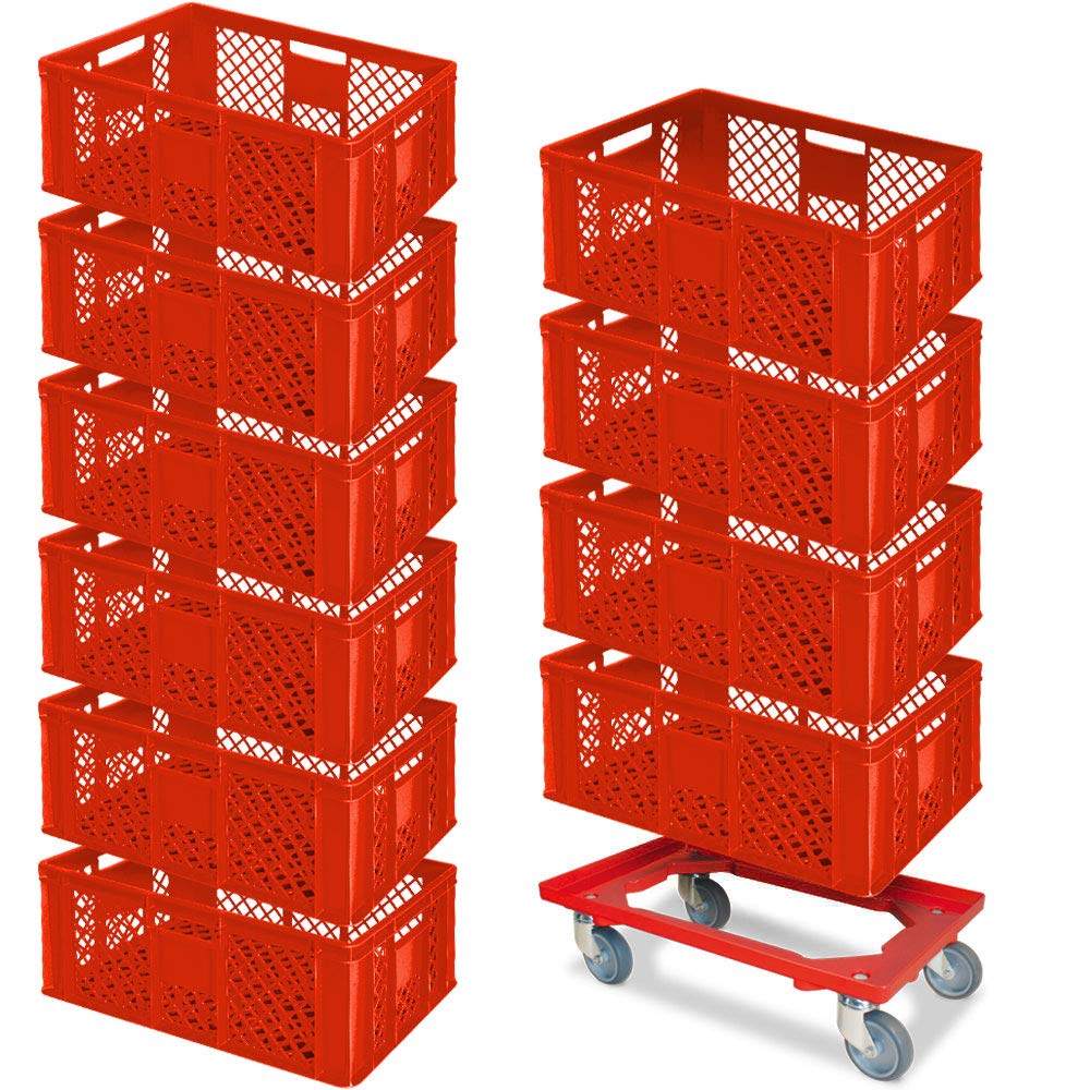 10 Eurobehälter, LxBxH 600x400x240 mm, Industriequalität, lebensmittelecht + 1 Transportroller, rot