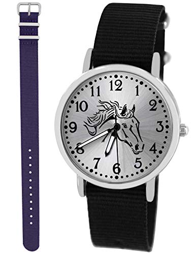 Pacific Time Mädchen Uhr Analog Quarz mit 2 Textilarmband 10423 schwarz violett