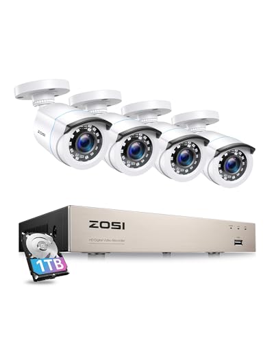 ZOSI Outdoor 1080P Überwachungskamera Set 8CH H.265+ DVR mit 1TB Festplatte und 4X 1080P Außen Bullet Kamera CCTV System für Innen und Außen, 24M IR Nachtsicht (Generalüberholt)