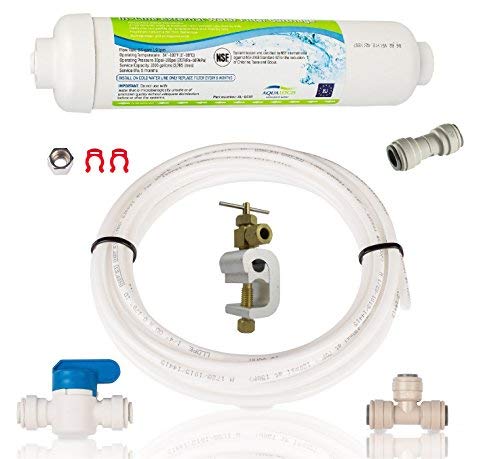 Aqualogis Kühlschrankanschluss-Set – inklusive Kühlschrank-Wasserfilter und Sattelventil – kein Abschneiden von Rohren erforderlich.
