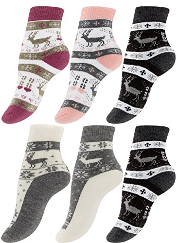 6 Paar Damen Thermo-Socken mit Innenfrottee, Winter Socken im Noweger Design, schwarz, rosa, grau