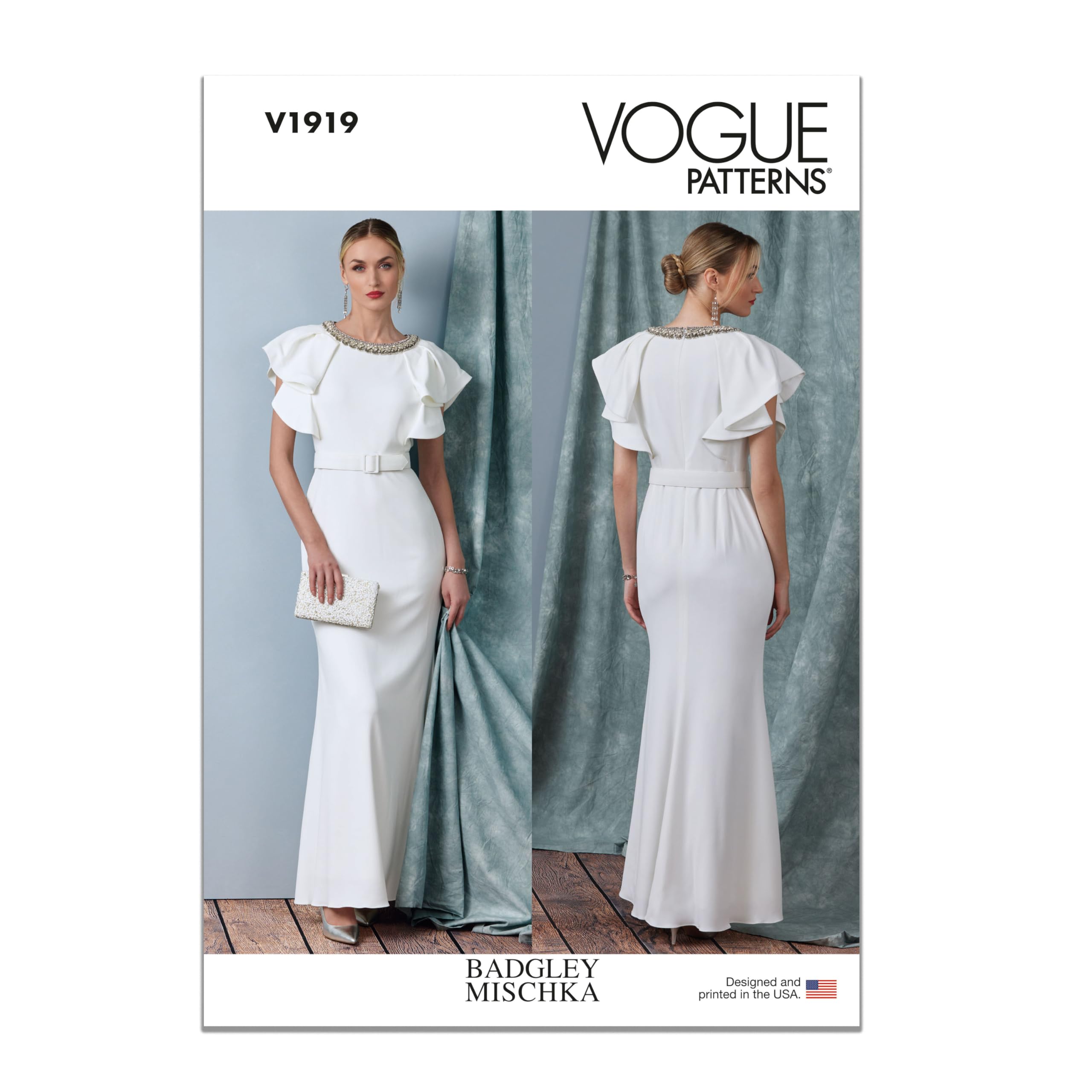 Vogue Schnittmuster-Set für Damenkleid mit Gürtel von Badgley Mischka, Design-Code V1919, Größen 36-38-40-42-44