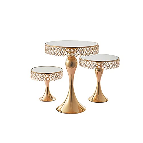 3 Stück Kristall Gold Hochzeitstortenständer Set Tortenständer Set Kuchenhalter Spiegel Cupcake Stand Kuchen Desserthalter mit Anhängern und Perlen