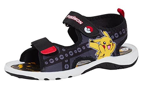 Pokemon Sport-Sandalen für Jungen und Kinder, Pikachu-Pokeball, offener Zehenbereich, einfach zu befestigen, Sommerschuhe, Schwarz , 30 EU