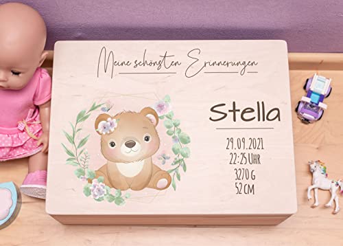 Personalisierte Erinnerungskiste - Holzkiste New Born Bär - Aufbewahrungskiste - Geschenk Geburt - Erinnerungsbox Baby Taufe - Holzkiste für Kinder (XL (40x30x23), Mädchen)