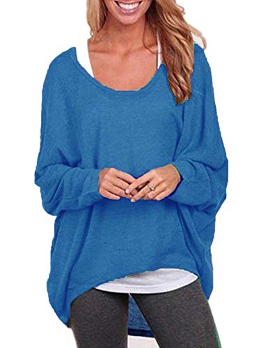 ZANZEA Damen Lose Asymmetrisch Jumper Sweatshirt Pullover Bluse Oberteile Oversize Tops Blau EU 48/Etikettgröße 2XL