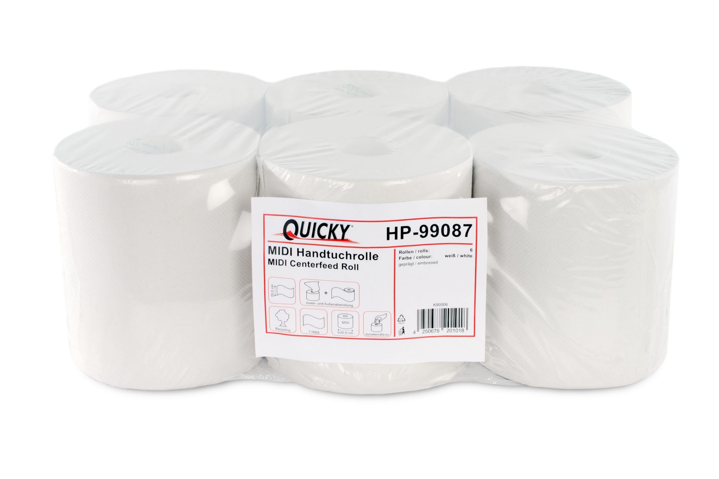 Quicky Handtuchrolle, Innenabwicklung 20 cm, 1 lagig, Recycling weiß, 1er Pack (1 x 6 Stück)