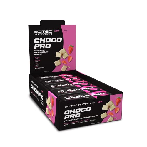 Scitec Nutrition Choco Pro Eiweißriegel mit Überzug in verschiedenen Sorten mit Süßungsmittel, glutenfrei und palmölfrei, 20 * 50 g, Erdbeere-Weisse Schokolade