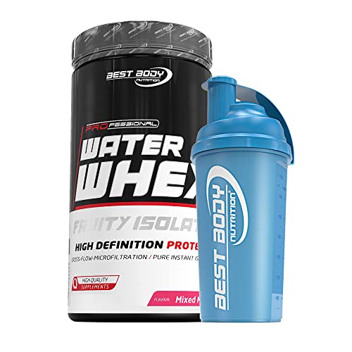 460 g Best Body Nutrition Water Whey Fruity Isolate (Mixed Melon) Molkenprotein + Protein Shaker (blau)