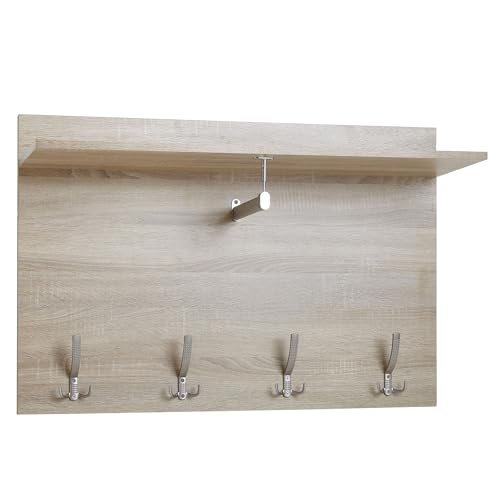 Wohnling Wandgarderobe Sonoma Eiche 80x60x29,5 cm Design Flurgarderobe Holz | Hakenleiste Wandpaneel mit Ablage und Kleiderstange | Garderobe Wand | Garderobenleiste Flur