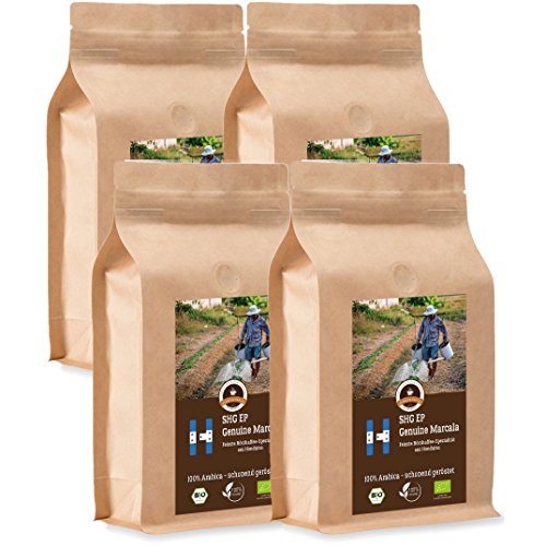 Kaffee Globetrotter - Bio Honduras Genuine Marcala - 4 x 1000 g Sehr Fein Gemahlen - für Kaffee-Vollautomat, Kaffeemühle - Röstkaffee aus biologischem Anbau | Gastropack Sparpack