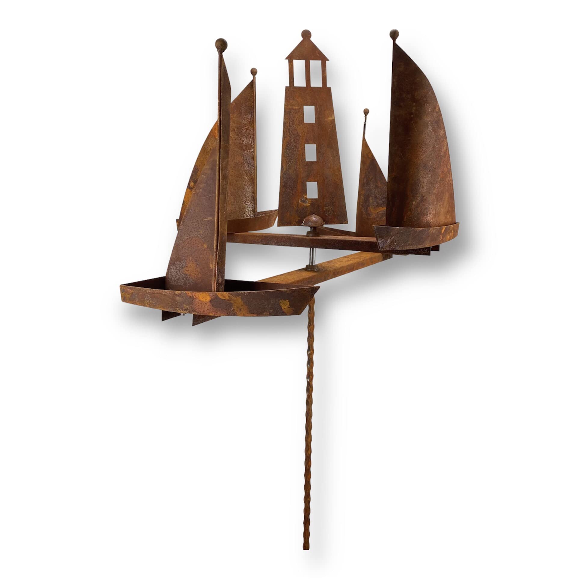 Metall Windrad 'Segelboote' - massives Windspiel Windmühle für den Garten - wetterfest und standfest - mit besten Kugellagern - aus Vollmetall mit Edelrost-Patina – Höhe 190 cm