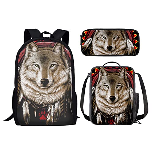 fifbird 3-in-1-Tier-Reiserucksack für die Grundschule, 3D-Büchertaschen, Schulrucksack-Set mit Lunchbox und Federmäppchen für Jungen und Mädchen, 3D-Wolf, Einheitsgröße, Tagesrucksäcke