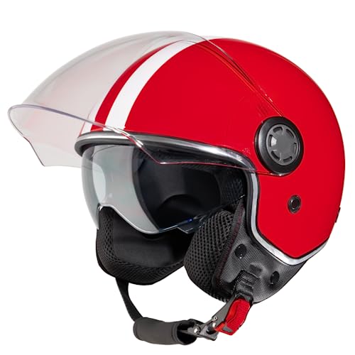 VINZ Parchi Jethelm mit Doppelvisier | Roller Helm Fashionhelm mit Streifen | In Gr. XS-XXL | Jet Helm mit Sonnenblende | ECE 22.06 Zertifiziert | Motorradhelm mit Visier - Rot
