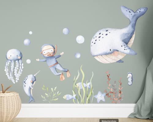Wandtattoo Kinderzimmer unter dem Meer Aquarell Unterwasser Tiere Pflanzen Taucher Watercolor K1804 (Vinyl, 60cm(B)x85cm(H)