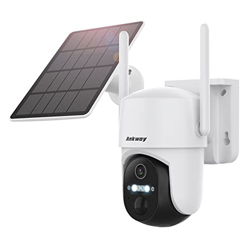 Ankway Überwachungskamera für Draußen, 2K-Solarkameras mit Farb-Nachtsicht 360°-PTZ-WiFi-Kamera für die Videoüberwachung, IP65 wasserdicht, AI-Erkennung, 2-Wege-Gespräch, 3,5 W Solarpanel, Weiß