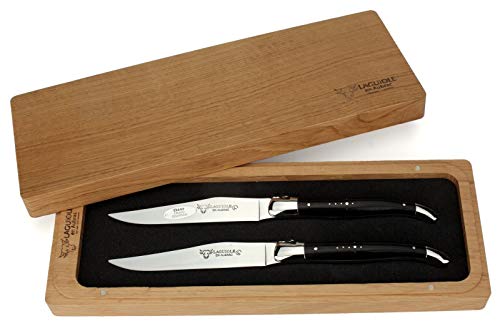 Laguiole en Aubrac - 2er Set Laguiole Steakmesser aus Frankreich - Griff Ebenholz- Stahl glänzend