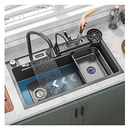 Küchenspüle aus Edelstahl 304, großes Einzelschlitz-Raindance-Wasserfall-Mischbecken, Digitalanzeige, Nano-Wasch-Gemüsebecken