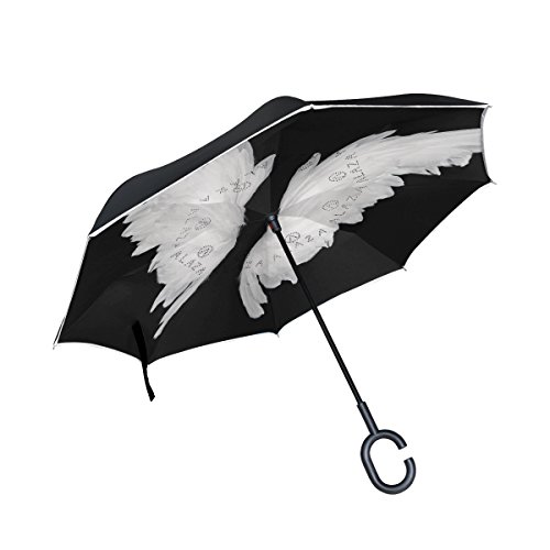 ISAOA Umgekehrter Regenschirm, Reflexionsstreifen, umgekehrt, Winddicht, Regenschirm von innen nach außen, selbststehend, mit C-förmigem Griff, weißer Flügel-Regenschirm