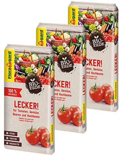 Floragard Bio-Erde Lecker 3x20 l - für Tomaten, Gemüse, Beeren und Hochbeete