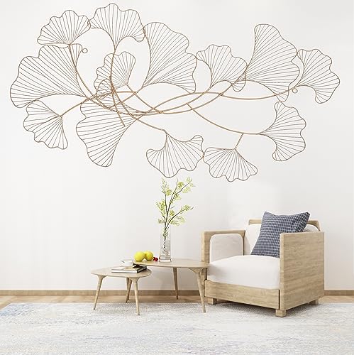 NaMaSyo 1,2M 3D Wandbild Blätter aus Metall,Kreative Golden Ginkgo Leaf Dekorativ handgemachte Blätter Wanddekoration,Moderner Luxus Wandkunst, Wanddekoration Für Arbeitszimmer/Wohnzimmer,120x57CM