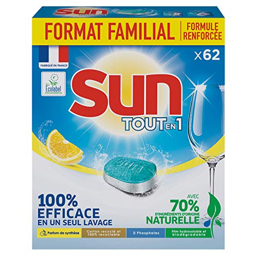 Sun Spülmaschinentabs, 62 Zitrone, All-in-1, Ecolabel, effizient in 1 Waschgänge, hergestellt in Frankreich, Familiengröße x 62 Waschgänge.