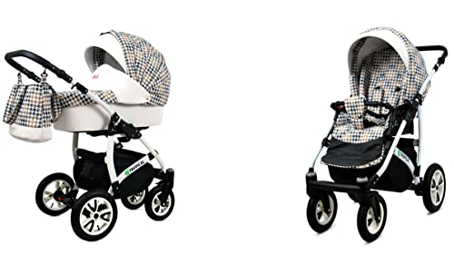 BabyLux Tropical 2-in-1 Bouncing Baby Stroller und Zubehör Kinderwagen Verstellbar und faltbar Aluminium Konstruktion Wasserdicht Nicht abnehmbare Räder Gold Hundstooth