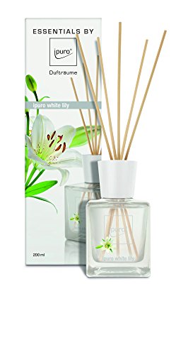 Ipuro Essentials Raumduft white lily für ein blumig-zartes Raumklima - Lufterfrischer mit hochwertigen Inhaltsstoffen (200ml) - aus Glas mit Rattanstäbchen